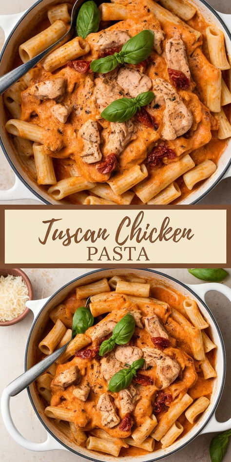 Easy Tuscan Chicken Pasta – Whip up this easy Tuscan chicken pasta in just 30 minutes! Packed with Mediterranean flavors, this one-pan dish combines tender chicken with garlic, herbs, and a luscious cream sauce for a delicious weeknight dinner. Easy Tuscan Chicken, Pasta Recipe Creamy, Chicken With Garlic, Tuscan Chicken Pasta, Mediterranean Flavors, Tuscan Chicken, Chicken Pasta Recipes, Sun Dried Tomatoes, Ultimate Comfort Food