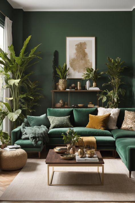 Elevate your living room with Green Sanctuary—immerse yourself in rich tones and follow along for daily interior designer routines and décor tips. #ad     #ideasInspo #wallpaint2024  #color2024  #DIYpainting  ##DIYhomedecor  #Fixhome Forest Green Lounge Living Rooms, Green Living Room Plants, Boho Green Living Room, Green Living Room Aesthetic, Green Living Room Color Scheme, Living Room Design Green, Green Sofa Living, Green Couch Living Room, Green Walls Living Room