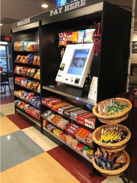 Micro Market Stands – All State Manufacturing Micro Market Design, Snack Display Ideas, Mini Market Store Ideas, Micro Market, Market Snacks, Snack Display, Mini Mart, Office Break Room, Retail Facade