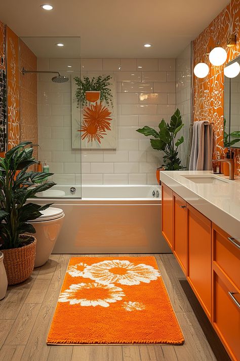 Stunning 24+ Orange Aesthetic Apartment Trends Brown And Orange Bathroom, Orange And Gold Bathroom, Orange Home Aesthetic, Rust Orange Bathroom, Orange And White Bathroom, 70s Inspired Bathroom, 70s Bathroom Aesthetic, Blue And Orange Bathroom, Bathroom 70s