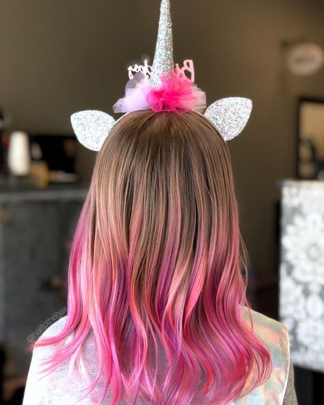 Unicorn mermaid hair for little girls. Hair Dye For Kids, Pink Hair Tips, Pink Haircut, Pink Hair Streaks, Kids Hair Color, Haircolor Ideas, Dyed Hair Ombre, Dyed Tips, Hair Dye Tips