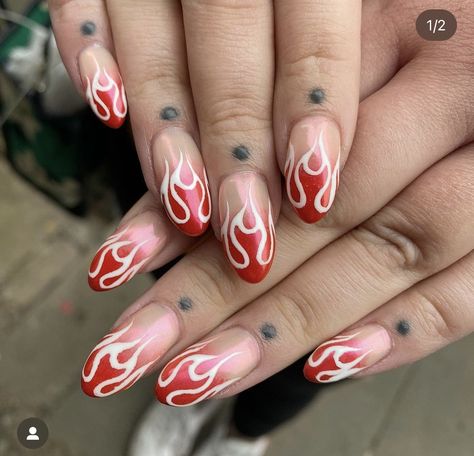 Red And White Flame Nails, Flame Nail Art, Flame Nails, Punk Nails, Flame Art, Short Acrylic Nails Designs, Short Acrylic Nails, Nail Inspiration, Acrylic Nail Designs