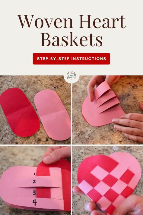 Weaving Hearts For Kids, Woven Heart Basket, Woven Heart Craft, Easy Valentines Day Crafts, Heart Weaving, Homemade Fruit Leather, Valentine Paper Crafts, Origami Hearts, Heart Basket