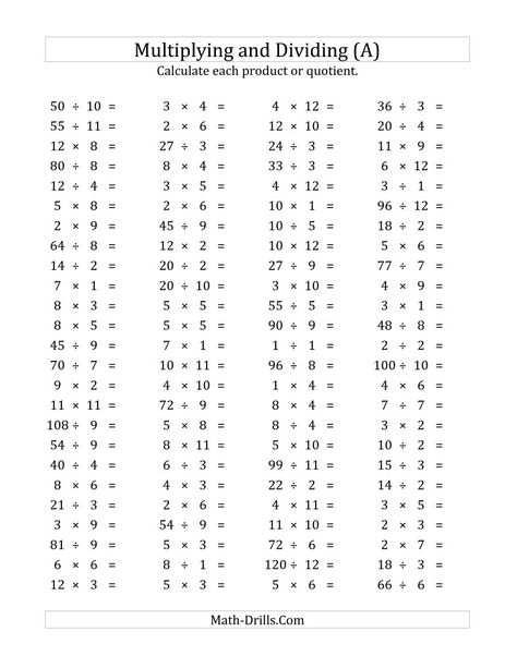 The 100 Horizontal Multiplication/Division Questions (Facts 1 to 12) (A) Math Worksheet from the Mixed Operations Worksheets Page at Math-Drills.com. Division Facts Worksheets, Division Questions, Multiplication And Division Worksheets, Printable Multiplication Worksheets, Multiplication Facts Worksheets, Math Division Worksheets, Multiplication Worksheet, Math Fact Worksheets, Math Fact Practice