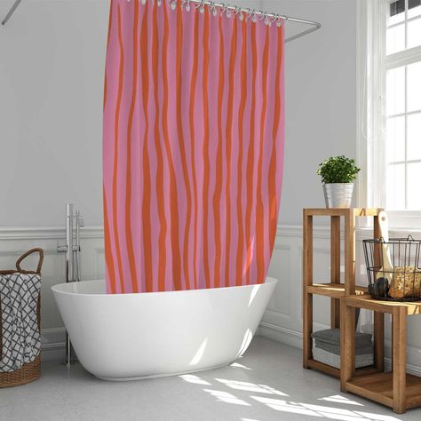 Pink And Orange Shower Curtain, Pink And Orange Bathroom, Orange Bathroom Walls, Bathroom Decor College, Girly Shower Curtain, Funky Shower Curtains, Pastel Bathroom, Funky Bathroom, Cute Bathroom Ideas