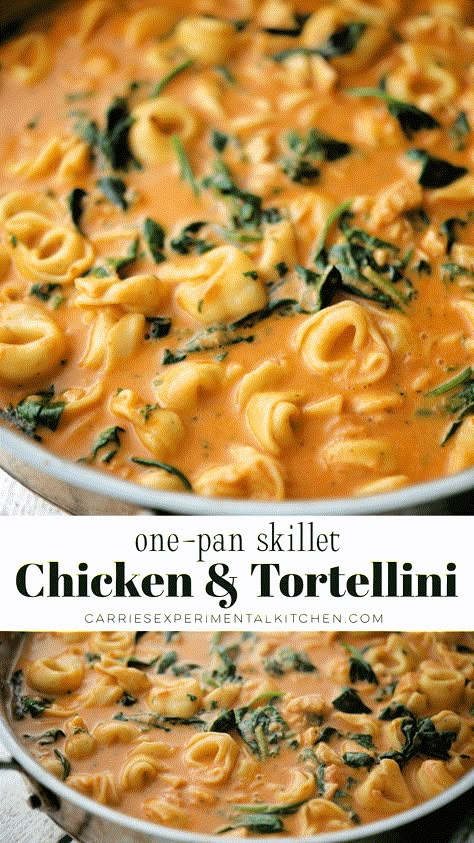 Cheese tortellini pasta, diced chicken and fresh spinach cooked in a skillet in a creamy, pink tomato sauce. #pasta #tortellini #chicken #skillet Skillet Chicken And Ravioli, Italian Chicken Tortellini Skillet, Tortellini With Blush Sauce, Chicken And Garlic Tortellini Recipes, Shrimp And Chicken Tortellini, Autumn Chicken And Tortellini Dinner, Creamy Chicken And Tortellini, Recipes Using Tortellini And Chicken, One Pan Chicken Tortellini