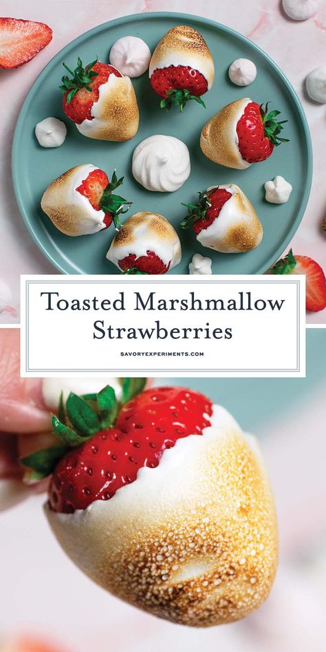 Extra juicy, pillowy sweet and delicious toasted marshmallow strawberries are quick and easy. Tastes just like roasted over a campfire! Campfire Strawberry Marshmallows, Camping Meals Desserts, Strawberries And Marshmallows, Strawberry Marshmallow Fluff Campfire, Roasted Starburst Campfires, Easy Bonfire Snacks, Camping Treats For Kids, Campfire Treats For Kids, Quick Hosting Snacks