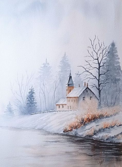 AQUARELLE | "Brume D'Hiver" Aquarelle sur papier Centenaire Grain fin 28x38 source photo Pinterest | Facebook Winter Scene Paintings, Winter Artwork, Photo Pinterest, Learn Watercolor Painting, Watercolour Landscape, Winter Watercolor, Winter Illustration, Diy Watercolor Painting, Watercolor Paintings Easy