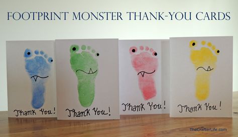 Thank U Cards, Thank You Cards From Kids, Harry Birthday, Footprint Crafts, Birthday Party Crafts, Handprint Crafts, Monster Birthday, 1st Birthdays, Monster Party