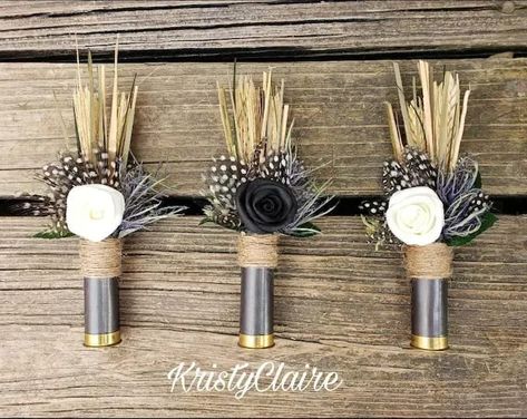 Fishing Themed Boutonniere, Boutinere Ideas Groomsmen Rustic, Classy Hunting Wedding, Wheat Grass Wedding Decor, Unique Boutonniere Creative, Boho Hunting Wedding, Shotgun Shell Boutineer, Shotgun Shell Boutonniere Diy, Western Boutonniere