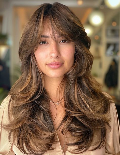 Rich Brunette Layers with Soft Highlights, Long Butterfly Layered Haircut Balayage And Long Layers, Butterfly Layered Haircuts, Brown Hair Long Bob, Brunette Layers, Blonde Long Layers, Brunette Tones, Butterfly Layers, Dimensional Highlights, Soft Highlights