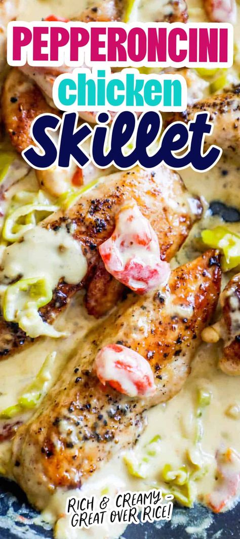 One Pot Creamy Pepperoncini Chicken Tender Skillet - Creamy Pepperoncini Chicken Tender Skillet is a delicious, hearty, tangy, and creamy dinner that is great over rice and pasta! #creamypepperoncinichickenskillet #maindishes Pepperoncini Chicken, Chicken Skillet, Chicken Tender, Easy Chicken Dinner Recipes, Chicken Tender Recipes, Low Carb Diet Recipes, Skillet Chicken, Chicken Dishes Recipes, Dinner Dishes