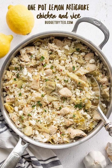 Lemon Artichoke Chicken, One Pot Rice Meals, Budget Bytes, Artichoke Chicken, Rice Dinner, Easy One Pot Meals, Quick Chicken, Chicken And Rice, Chicken Rice