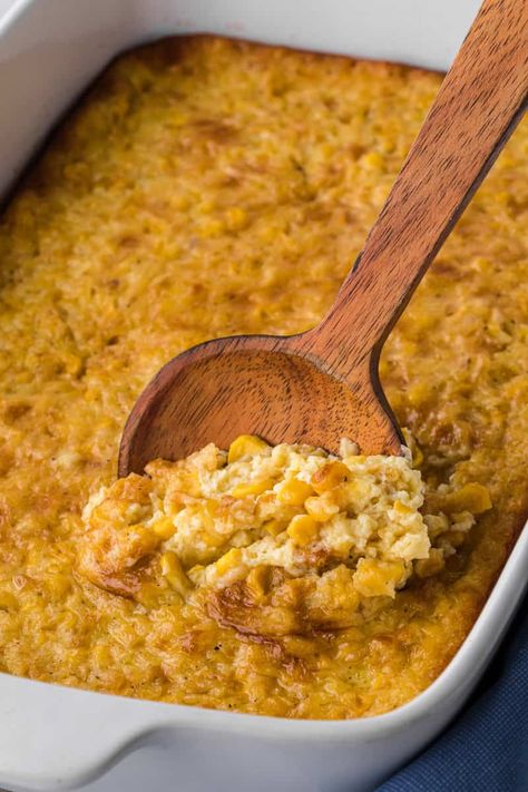 Corn Pudding in white casserole dish with wooden spoon. Southern Corn Pudding, Ritz Cracker Chicken Casserole, Southern Corn, Corn Pudding Recipe, Ritz Cracker Chicken, Cracker Chicken, Flavorful Vegetables, Corn Pudding, Vegetable Beef Soup