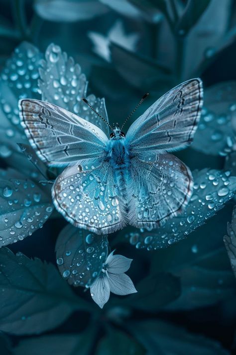 Prompt 👉 Stunning photograph of an elegant turquoise butterfly with silvery wings sitting in the moonlight on dew-covered turquoise flowers. The wings are open, blending in with the leaves, master of camouflage!!!! The photo uses a focus in dark blue and gray tones, presented in high resolution. It shows hyper-realistic water droplets and beautiful details on an intricate background with exquisite detail, sharp focus and depth of field in close-up macro photography in a very realistic style w... Cell Wallpaper, Turquoise Butterfly, Teal Butterfly, Gray Tones, Turquoise Flowers, Water Droplets, Depth Of Field, Beautiful Backgrounds, Grey Tones