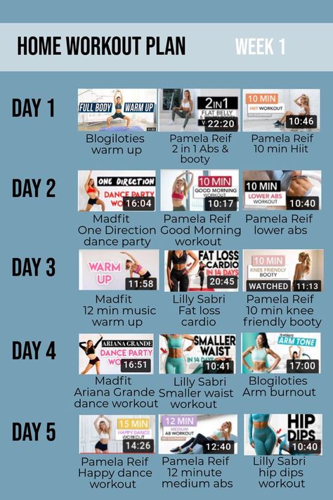 : Get fit at home with these easy exercises! #fitness #workout Pilates Weekly Workout, Weekly Work Out Plan At Home, Blogilates Workout Plan, Pamela Reif Abs Workout Plan, Workout Plan Videos, Weekly Workout Plans Pilates, Workout Schedule Youtube, Pamela Workout Plan, Workout Plan For A Week