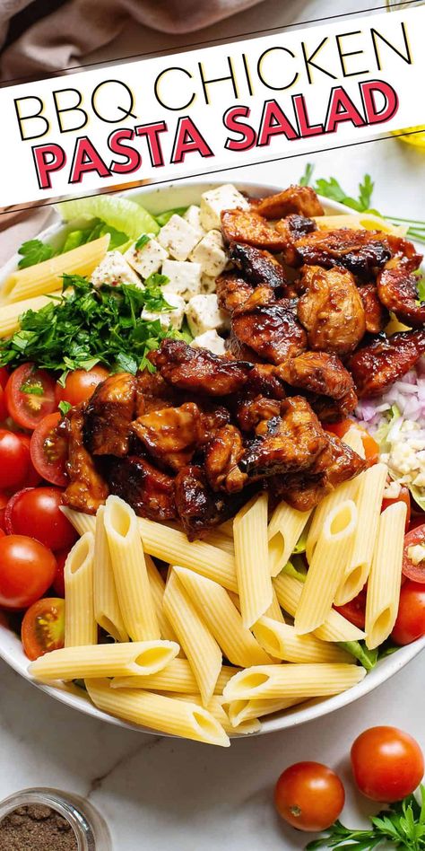 Chicken Feta Pasta, Bbq Chicken Pasta Salad, Pasta Salad Easy, Chicken Feta, Bbq Chicken Pasta, Shallot Vinaigrette, Feta Pasta Salad, Easy Bbq Chicken, Baked Bbq Chicken