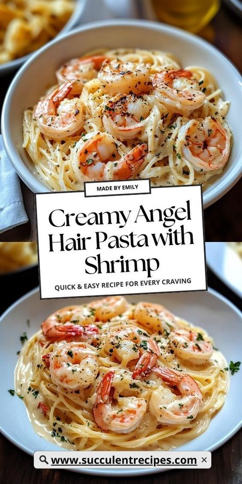 Savor the flavors of this Garlic Butter Shrimp Angel Hair Pasta! With a buttery, creamy sauce and succulent shrimp, this pasta dish is a delightful combination of simplicity and elegance that’s perfect for any weeknight dinner. Pasta To Go With Shrimp, Shrimp Scampi Angel Hair Pasta, Pasta And Seafood Recipes, Shrimp Angel Hair Pasta Recipes, Quick Shrimp Pasta Recipes, Chicken Angel Hair Pasta Recipes, Shrimp And Angel Hair Pasta Recipes, Garlic Butter Shrimp Pasta Recipes, Creamy Angel Hair Pasta