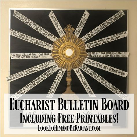 Faith Bulletin Board Ideas, Youth Group Bulletin Board Ideas, Catholic Classroom Decor, Monstrance Craft, Monstrance Catholic, Psr Activities, Catholic Schools Week Activities, Eucharist Art, Catholic Bulletin Boards