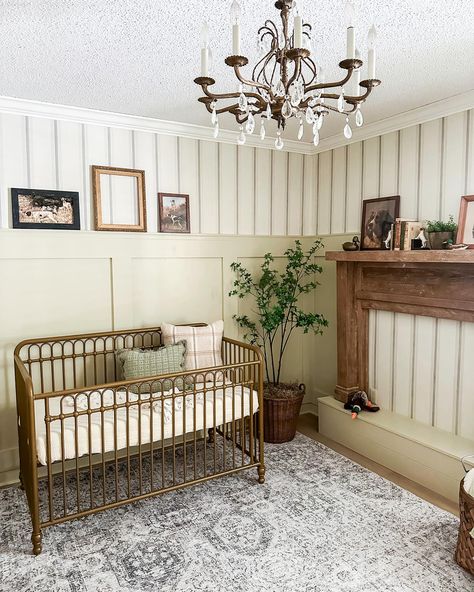 Wall textures do you love them too? The old guest bedroom became the farmhouse cottage nursery I envisioned when we first learned we were blessed with our miracle baby. All of our wall textures came from the amazing @wearewoodgrain. They have so many styles that will fit any style you try to bring to reality with wall texture. In this space, I added some board and batten, along with a small shelf to style vintage dog pictures and frames on. Along with the finishing touch beautiful thick cro... Vertical Shiplap Nursery, Vintage Dog Nursery, Board And Batten Wall With Shelf, Board And Batten Wall Nursery, Nursery Board And Batten, Shiplap Nursery, Cottage Nursery, Batten Wall, Dog Nursery