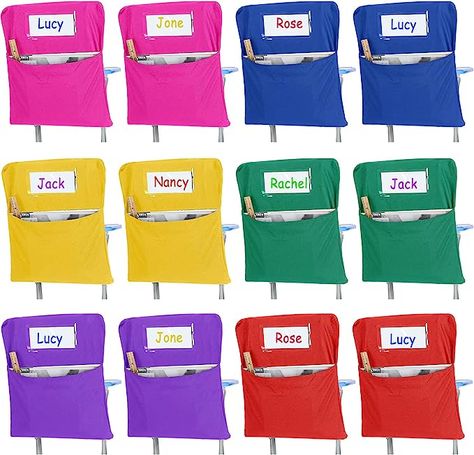 No desk? No problem! These pockets go on the chairs of your students. You can put headphones, book and supplies in them for easy access. Student Chair Pockets, Chair Organizer, Classroom Organizer, Chair Pockets, School Table, Classroom Chair, Student Chair, Book School, School Tables