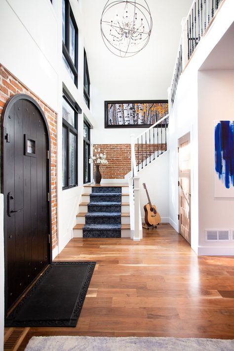 Brick Foyer Entryway, Brick Foyer, Half Brick Wall, Entry Foyer Ideas, Hamptons Style Home, Brick Interior Wall, Sophisticated Furniture, Foyer Ideas, Brick Interior