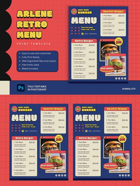 Arlene Retro Menu Template PSD Menu Burger, Menu Sans Gluten, Burger Design, Cafe Menu Design, Burger Menu, Menu Layout, Food Menu Template, Graphic Design Infographic, Food Menu Design