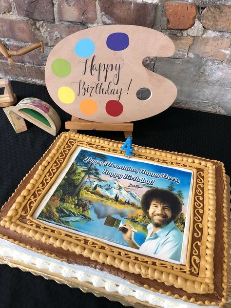 Bob Ross Painting Party, Bob Ross Party Ideas, Bob Ross Cake, Bob Ross Birthday Party, Bob Ross Party, Bob Ross Birthday, Disney Wedding Cake, Bob Ross Paintings, Art Birthday Party