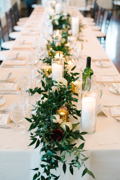 Centerpieces Long Table Centerpieces, Wedding Rehearsal Dinner Decorations, Table Florals, Greenery Wedding Centerpieces, Wedding Table Setup, Long Table Wedding, Table Floral Arrangements, Rehearsal Dinner Decorations, Wedding Table Setting