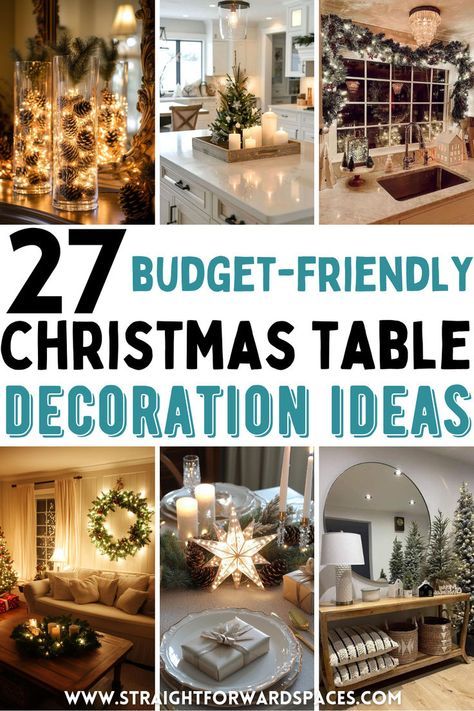 Looking to decorate your holiday table without overspending? This post shares all the best 27 budget-friendly christmas table decoration ideas. Also sharing ideas for: christmas tray decor, cozy winter decor, diy xmas table centerpieces, christmas pine centerpieces, holiday table centerpieces christmas, winter tray decor, christmas table centerpieces, and christmas decorations. Christmas Table Decorations On A Budget, Christmas Table Top Ideas, Christmas Trees On Tables, Simple Table Decorations For Christmas, Sofa Table Christmas Decor, Side Table Christmas Decor, Christmas Side Table Decor, Xmas Table Centerpieces, Christmas Coffee Table Decor Trays