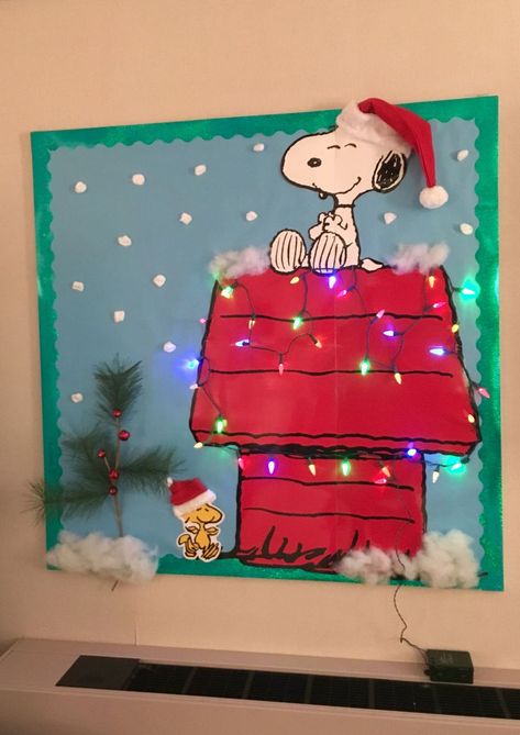 Christmas Bulletin Board Ideas For Cafeteria, Snoopy Christmas Bulletin Board Ideas, Fall And Winter Bulletin Board Ideas, Caring And Giving Bulletin Board Ideas, Curious George Bulletin Board Ideas, Peanuts Christmas Bulletin Board, Prek Winter Bulletin Board Ideas, Fall Themed Bulletin Boards For Work, Snoopy Christmas Bulletin Boards