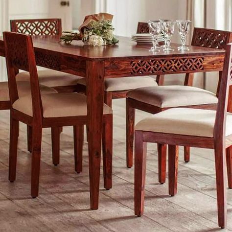 DRIFTINGWOOD Maharaja Solid Sheesham Wood Dining Table 6 Seater | Cushion Chairs | Dining Room Sets | Self Assembly, Honey Finish Product Dimension: Table - Height 29 inch, Length 57 inch, Width 35 inch, Chair - Height 34 inch, Length 17.5 inch, Width 17.5 inch | The Product Required Basic Shelf Assembly At Customer's End Product Material: Sheesham Wood Colour: Honey Finish, Cushion Color: Cream Warranty: The product comes with a 12 month warranty against any manufacturing defects. Dining Table 6 Seater, Four Seater Dining Table, Solid Wood Kitchen Table, Dinning Room Furniture, Wooden Dining Table Set, Kitchen Decor Sets, 4 Seater Dining Table, 6 Seater Dining Table, Kitchen Table Wood