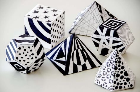 3-D Geometric Paper Shapes with Patterns Line Art Projects, Classe D'art, Paper Shapes, Art Cube, Sculpture Lessons, Shapes And Forms, Art Lessons Middle School, Geometric Shapes Art, Math Art