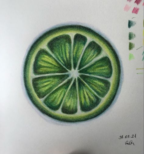 Lime drawing with coloured pencils Colouring Pencil Art Easy, Fruit Art Drawings Pencil, Easy Coloured Pencil Drawings, Lime Sketch, Simple Color Pencil Drawing Ideas, Easy Pencil Colour Drawings, Lime Drawings, Colour Pencil Drawing Easy, Sunflower Drawing Easy