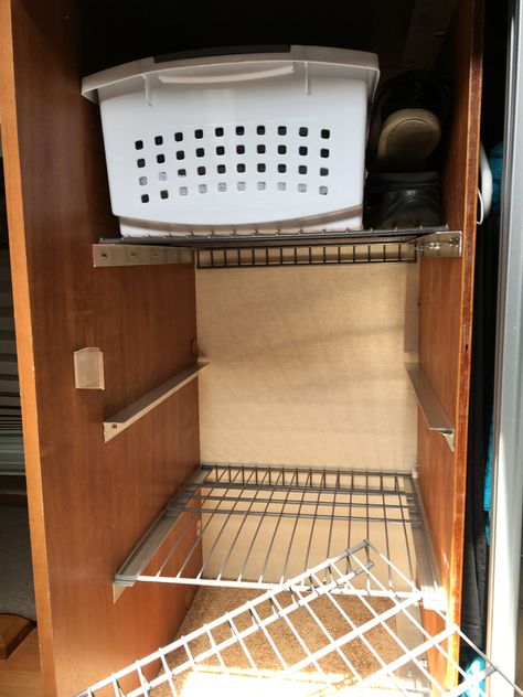 Open Wardrobes, Small Travel Trailer Remodel, Global Inspired Decor, Rv Storage Solutions, Caravan Storage, Scamp Trailer, Camper Remodeling, Trailer Organization, Closet Shelving