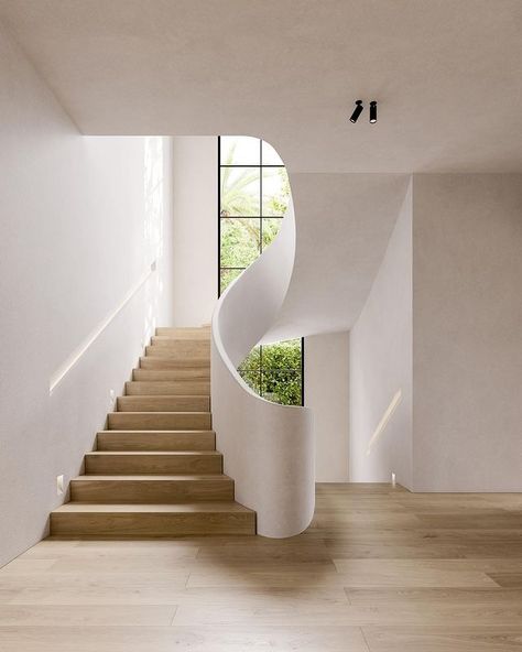 Reha, LLC. | A moment of subtle sculptural form and harmony. A residential staircase which focuses on the volume of the vertical core and the absence of… | Instagram Staircase With Void, Curved Wall Staircase, Transparent Staircase, Sculptural Stairs, Dark Staircase Ideas, Feature Wall Staircase, Stair Case Ideas, Plaster Staircase, Architectural Staircase