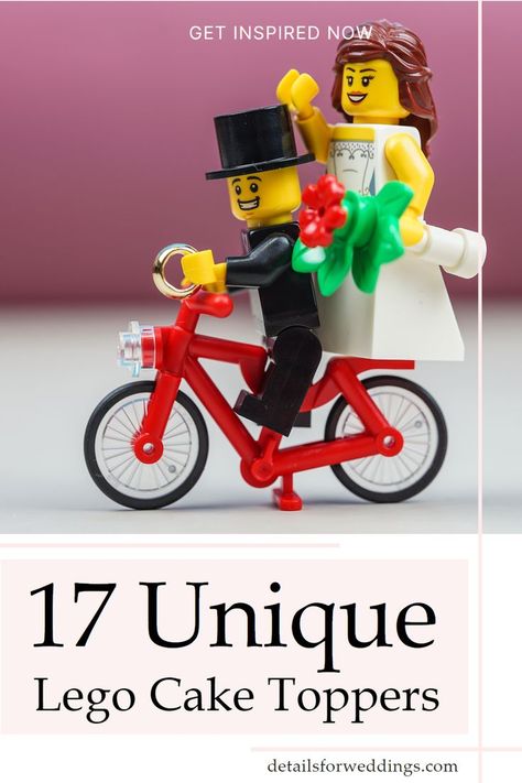 wedding cake leggo with a couple on a bike Lego Wedding Cake, Lego Wedding Cakes, Fun Wedding Cake Toppers, Lego Cake Topper, Lego Card, Lego Wedding, Bicycle Wedding, Wedding Wows, Wedding Cake Toppers Unique