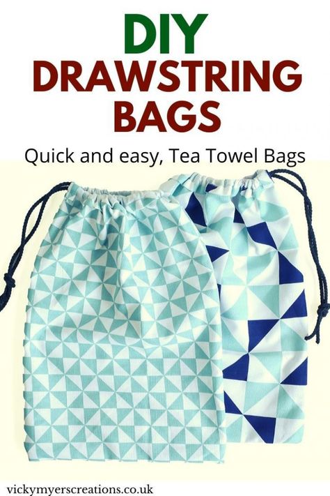 How to make a drawstring bag, using a tea towel - a super quick and easy sew, perfect for beginners Make A Drawstring Bag, Drawstring Bag Diy, Drawstring Bag Tutorials, Drawstring Bag Pattern, Golf Shoe Bag, Sewing Creations, Recycle Bag, Shoe Bags, String Bag