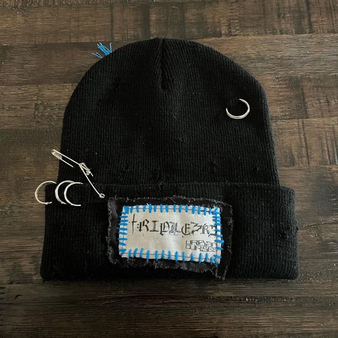 🌐TRIPLE3RD🌐 •+Staple018+• & •+Staple019+• Custom Upcycled 1/1 Beanies $30ea / $50 both Best for a smaller head size. Logo patch sewn to front. Machine & hand stitching. O rings added with pins for hardware detailing. Mild distressing throughout. A @no_name_no_reason patch on one, my distorted visage on the other. Handmade tags🏷️ All orders come with stickers and care instructions! Tag me if you take any pics❤️‍🔥 Dm to tap into custom work🫡 _________________________ #altfashion #gothicfash... Punk Fashion Diy, Reworked Fashion, Reworked Clothing, Fringe Fashion, Diy Clothes Design, Bespoke Fashion, Upcycle Jeans, Diy Hat, Handmade Tags