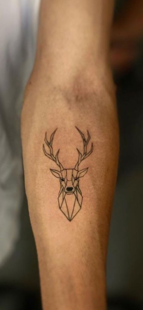 Stag Tattoo Minimalist, Men Line Tattoo Ideas, Masculine Minimalist Tattoo, Deer Tattoo Minimalist, Deer Arm Tattoo, Harry Potter Stag Tattoo, Fine Line Deer Tattoo, Deer Geometric Tattoo, Buck Tattoo Men