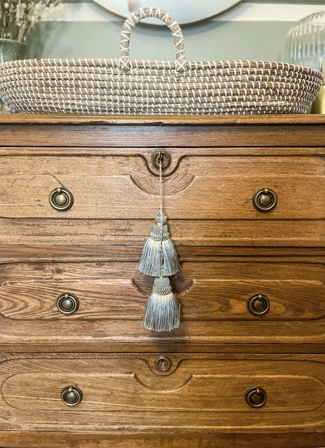 Antique Dresser Knobs, Wood Dresser Gold Hardware, Vintage Dresser In Nursery, Dresser Handles Ideas, Painted Dresser Nursery, Vintage Nursery Dresser, Dresser Hardware Ideas, Brass Dresser Hardware, Antique Dresser Hardware