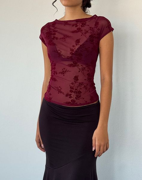 Maroon Botanical Flower Top | Nova – motelrocks-com-us Maroon Summer Dress, Flower Top Outfit, Flower Tops Outfit, Mesh Top Outfit, Maroon Top, Bodycon Tops, Skirt Model, Flower Top, Bandeau Dress