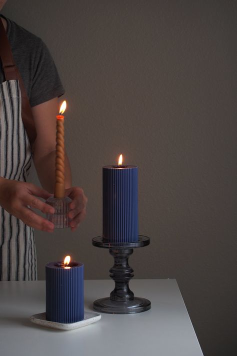 Ribbed Pillar | CaiCaiHandmade Unique Candles Aesthetic, Candle Photography Ideas, Living Room Candles, Pillar Candle Decor, Striped Candles, Blue Candle, Candle Home Decor, Candle Stick Decor, Candle Design