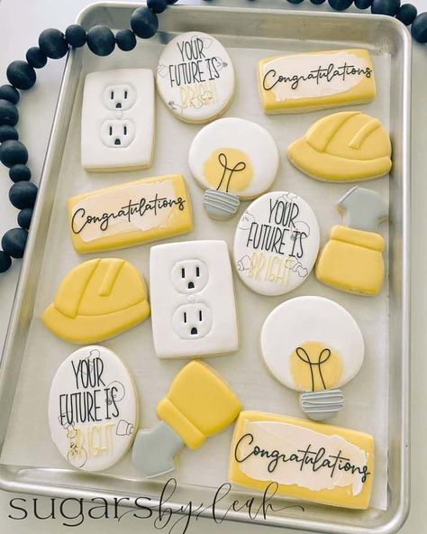 graduation cookies Electrician Cookies Decorated, Electrician Cookies, Graduation Cookie Ideas, Electrician Party, Cookie Writing, Computer Cookies, Royal Cookies, Nurse Cookies, Cookies Light