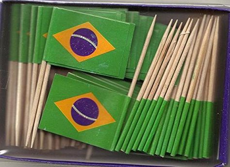 flag of brazil toothpicks Brazil Decorations, Brazilian Party, Brazil Party, Food Flags, Flag Food, Wine Markers, Olympic Party, Brazilian Flag, Candle Topper