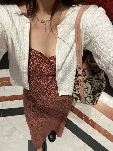 Outfit inspo fall maxi dress cable knot cardigan coquette aesthetic fitspo Maxi Dress And Cardigan, Cardigan Dress Outfit, Fall Maxi Dress, Dress And Cardigan, Fall Maxi, Cardigan Dress, Maxi Dress Outfit, Maxi Dresses Fall, Outfit Inspo Fall