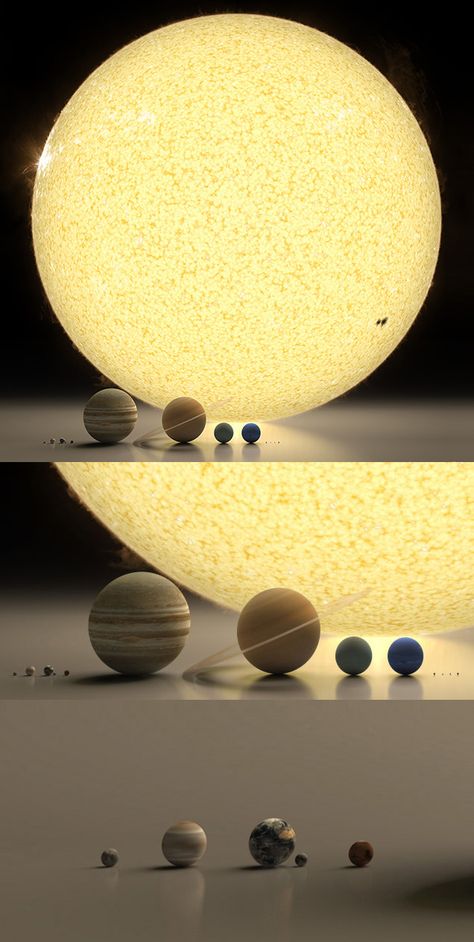 San Francisco-based graphic artist Roberto Ziche has produced these sleek graphics elegantly depicting the immense scale of our Solar System and its planets. Shown at their proportional sizes to one another, the planets are placed side-by-side, and not at their proper orbital distances, for ease of comparison. The small bodies on the left are Mercury, Venus, Earth with its moon, and Mars. Those to the right of the larger planets are the Solar System's four dwarf planets: Pluto, Haumea, Makemake, Solar Planet, Science Infographics, Planets And Moons, Visual Board, Space Pictures, The Planets, Homeschool Science, Our Solar System, Science Projects