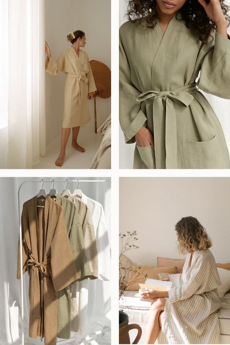 Linen Bathrobes in Earthy Colors Soft Light Photography, Linen Bathrobe, Linen Kimono, Linen Robe, Garment Manufacturing, Aesthetic Clinic, Still Photography, European Linens, Kimono Style