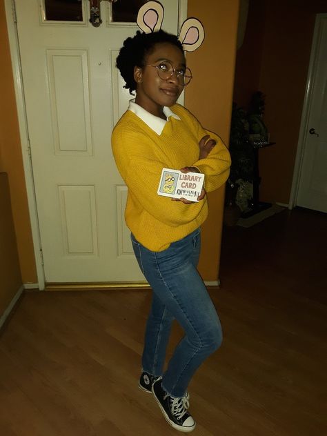 Black Book Character Costumes For Teachers, Arthur Read Costume, Arthur Meme Costume, Library Costumes Halloween, Arthur Costume Women, Arthur Costume Diy, Yellow Costume Ideas Women, Diy Story Book Character Costumes, Black Character Costumes