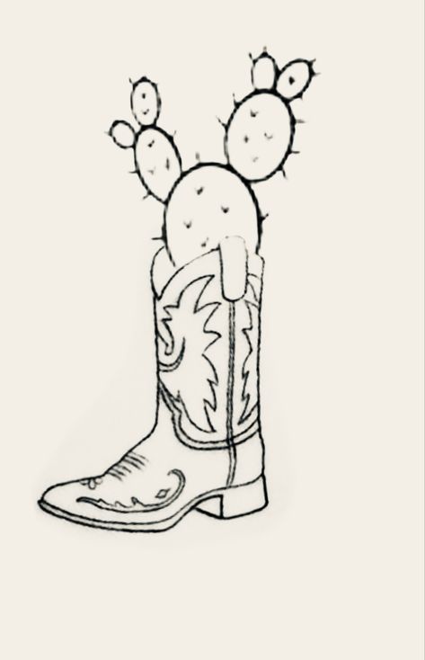 Cowboy Boot With Cactus Tattoo, Western Doodles Ideas, Western Simple Paintings, Cactus With Cowboy Hat Tattoo, Western Outline Drawings, Western Simple Drawings, Cute Country Drawings Easy, Easy Western Drawing Ideas, Punchy Western Thigh Tattoos